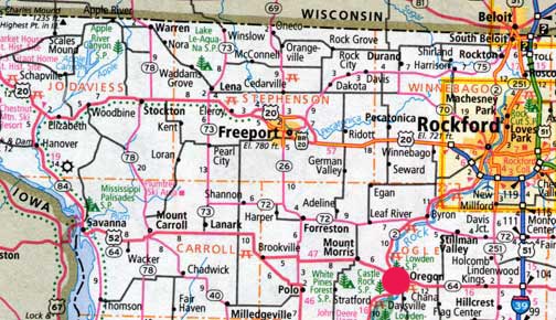  Oregon, Illinois, is southwest of Rockford, not far from both the Wisconsin and Iowa borders. 