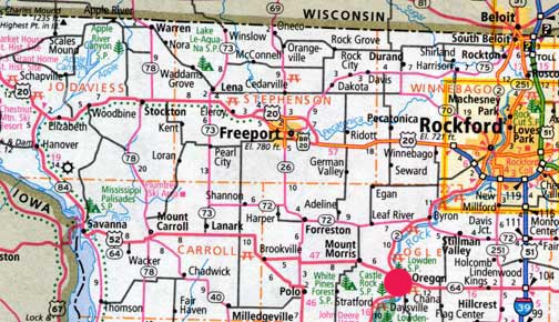 Oregon, Illinois, is southwest of Rockford, not far from both the Wisconsin and Iowa borders.