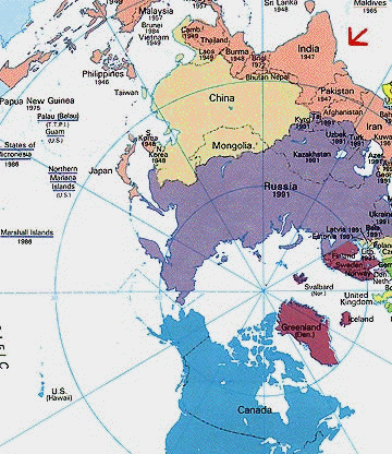 Red arrow points at India and Pakistan on opposite side of the world from Canada and the United States. The Marshall Islands where the U. S. experimented in the 1950s with many atomic tests is at the far left in the Pacific Ocean. From Marshall Island and Nevada Test Site nuclear explosions, radioactive fallout riding on the prevailing westerly winds reached North Carolina and New York, distances nearly equivalent to the 10,000 to 12,000 miles India and Pakistan are from the west coast of the United States.