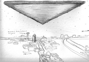 Eyewitness U. S. Army Sergeant 1st Class David Mark Koch (Ret.) estimated aerial triangle above Makasib, Iraq, was 1200 feet long and remained unmoving in the night sky for at least five minutes. Illustration © 2014 for Earthfiles.com by David Mark Koch.
