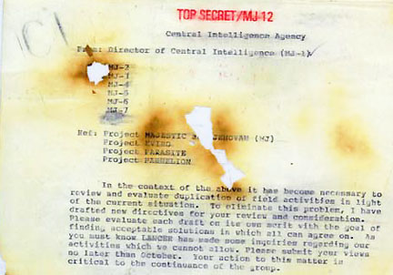 1st page of a 9-page memo allegedly written in 1961-1963 time period.  Leaker said he worked 1960 -1974 in CIA counterintelligence for James Jesus Angleton, Director, CIA Counterintelligence from 1954 -1974. After Angleton died in 1987, leaker said he pulled nine pages from a fire of Angleton's most sensitive  MJ-12 secret files. All burned images provided by Robert Wood, Ph.D, Majestic Documents.com and retired from McDonnell Douglas Corp. See 5-part 2011 Earthfiles report with all memo pages at the end of this November 22, 2014, report.