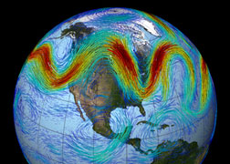 Since 2007, this unusual wavy pattern of the jet stream  far north and south, has persisted and brought warm air to Greenland and the Arctic in summer and frigid air in winter to normally mild southern states. Graphic by NASA/GSFC.