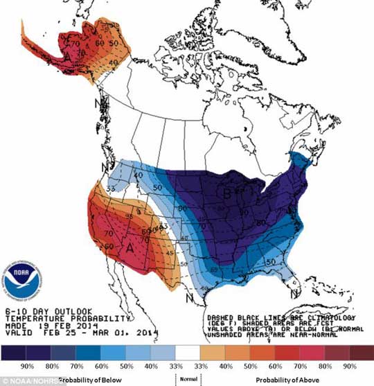 NOAA weather outlook February 25 to March 1, 2014, as wavy jet stream allows Arctic polar air mass to plunge down over the eastern half of the United States — the third round of freezing polar temperatures in the U. S. winter of 2014. 