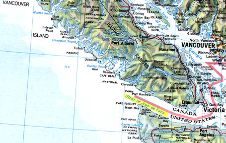 One hundred miles west of the Strait of Juan de Fuca and Vancouver Island, British Columbia, Canada, 4,000 small earthquakes swarmed between February 27 and March 4, 2005. There, the Juan de Fuca Plate moves downward below the North American Plate along the seismically active Ring of Fire. A large motion downward of the Juan de Fuca Plate could push the North American Plate violently upward in a major earthquake and possibly Indonesia-sized tsunami.