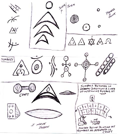 Symbols and craft shapes seen in mind of Kansas man while in the presence of tall, blue-eyed blond-haired humanoids. Drawing © 2007 by Kansas abductee. 
