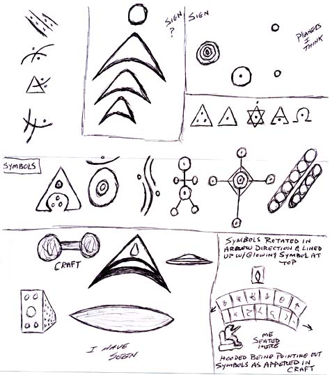 Symbols and craft shapes seen in mind of Kansas man while in the presence of tall, blue-eyed blond-haired humanoids. Drawing © 2007 by Kansas abductee.
