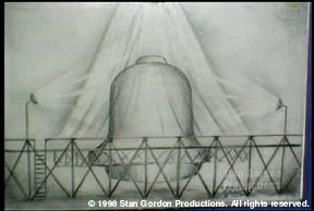 Myron, a truck driver, delivered bricks to Wright-Patterson AFB in Ohio, right after the famous December 9, 1965, crash of an unidentified object in Kecksburg, Pennsylvania. Myron described a strange bell-shaped object he saw in a USAF garage that was“entombed” in brick. Drawing by Charles Hanna © 1998 by Stan Gordon Productions.