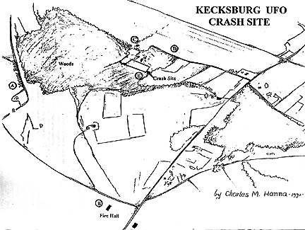 A) is curve on Meteor Road where citizens watched; B) is Fire Hall; C) is Hays family's rented farmhouse; D) military concentrated on private lane; E) UFO impact area in ravine. Drawing by Charles M. Hanna, 1990, for Stan Gordon.To be more computer-upload-friendly, the reprints will be divided into parts. Here begins Part 12 of Status Report VII, from February 1994.