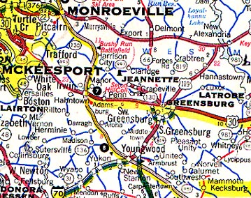 Kecksburg, Pennsylvania, is about 35 miles southeast of Pittsburgh, Pennsylvania. 