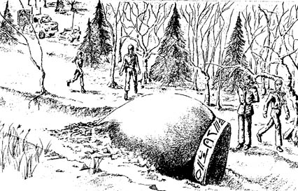  "Acorn-shaped" UFO with strange symbols carved around its lower end was described by firemen who went to the crash scene. Object was a "strange copper color." Drawing on December 9, 1993 by Rick Rieger for investigator, Stan Gordon.