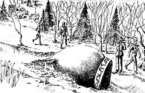 Witnesses claim to have seen a metallic acorn-shaped object with strange markings in the Kecksburg, Pennsylvania woods on December 9, 1965. Drawing by Charles Hanna © 1998 by Stan Gordon Productions.