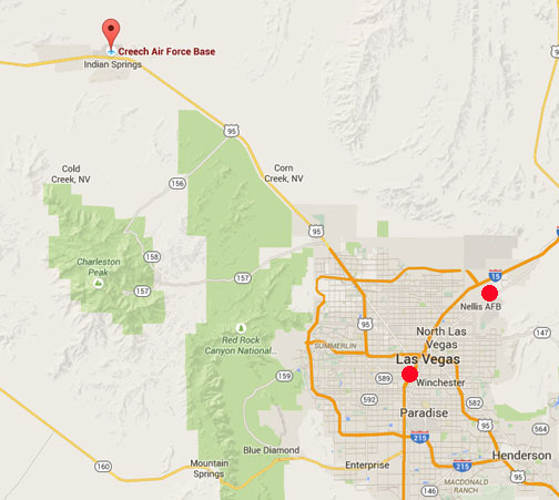 Creech AFB at Indian Springs, Nevada, is 45 miles northwest of Nellis AFB.