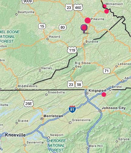 The purple and red marker is Virgie, Kentucky, home of retired science teacher and amateur astronomer Allen Epling, who photographed and videotaped the mysterious unidentified aerial object that remained stationary high in the sky for 2.5 hours on  October 16, 2012, from 2 - 4:30 PM. Other eyewitnesses beyond Virgie were in Pikeville, Kentucky and further on across the border in Williamson, West Virginia. Also south of Williamson in South Williamson, Kentucky, The Daily News reported, “Several jets appeared to fly in the vicinity of the UFO. Contrails could be seen zigzagging all around the object.”  Other people were watching the strange, bright sky object in Kentucky's Elkhorn City, Jenkins, and Letcher County. Then south of the Kentucky border east of Kingsport in Blountville,  Tennessee, an eyewitness reported seeing the same object that Allen Epling photographed. For people to see the same object over so many miles means the object was very high.