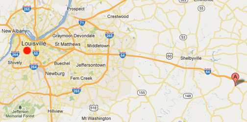 Waddy, Kentucky (red marker) is an unincorporated community within Shelby County 41 miles east of Louisville in north central Kentucky.