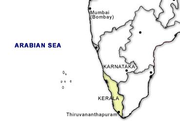 South of Bombay, the state of Kerala, India, is in the southwestern tip  of the country bordered on the west by the Arabian Sea. Its capital is  Thiruvananthapuram.  Map © by mapsofindia.com.