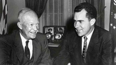 President Eisenhower and Vice President Richard Nixon in White House Oval Office, Washington, D. C.