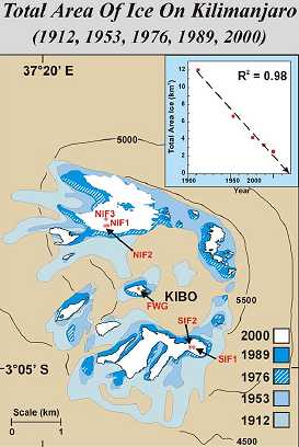This map by Ohio State University researchers shows the retreat of Mt. Kilimanjaro's ice cap between 1912 and 2000, an 80 percent reduction.