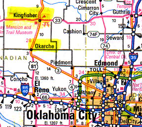 Kingfisher, population 4,500, and Okarche, population 2,000, are linked by the Winter Camp Creek (originally known as Dead Indian Creek). Between December 9 to 13, 2005, the gas and water eruptions had grown along 12 miles of the creek and tributaries to within 1 mile of Kingfisher and about 7 miles from Okarche.