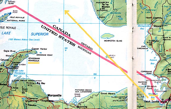 Sault Sainte Marie, on the edge of Whitefish Bay in far lower right corner, was not far from both Soo Locks and Kinross AFB. The yellow arrow is general route of Kinross AFB F-89 route from Whitefish Bay over Lake Superior to investigate UFO on USAF radar. Where arrow stops is general area in which the UFO radar blip and F-89 radar blip merged and then disappeared in Canadian territory, 70 miles off the tip of Keweenaw Peninsula (on left)