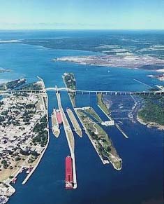 Soo Locks in Sioux Sainte Marie, Michigan, allow sea traffic  from the huge Lake Superior to Lake Huron and Lake Michigan. Image courtesy U. S. Army Corps of Engineers.
