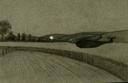 Kris Sherwood's drawing of the large helicopter that shut its lights off as it came straight toward her and husband, Ed Sherwood, while it chased a bright unidentified aerial craft in an East Kennett crop formation on July 31, 2000. Drawing © 2000 by Kris Sherwood.