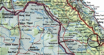 Route from Vientiane to Savannakhet and then east to Xepon and the rugged mountan country beyond near Vilaburi (Vilabouli) and the Vietnam border where "wild men" Bigfoot-type creatures reported. 