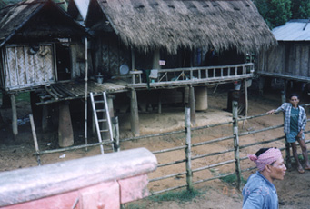 Laotian village houses supported by bomb casings. The land along Route 9 from Xepon to the Laos/Vietnam border beyond Vilaburi was a heavily bombed transport route for nearly eleven years during the Vietnam war. Photograph © 2001 by Linda Moulton Howe.