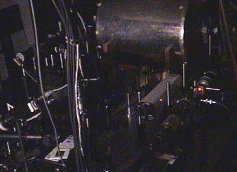 Harvard-Smithsonian laser apparatus used to store photon "signal" for fraction of a second in small glass cell filled with rubidium gas. February 2001 photograph courtesy physicists Ron Walsworth and David Phillips. 