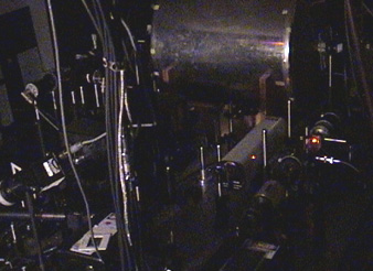 Harvard-Smithsonian laser apparatus used to store photon "signal" for fraction of a second in small glass cell filled with rubidium gas. February 2001 photograph courtesy physicists Ron Walsworth and David Phillips.