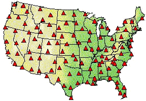 National Lightning Detection Network (NLDN) has 108 sensors throughout United States. Graphic courtesy LightningStorm.com and Global Atmospherics, Inc.
