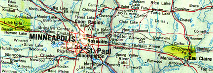 Northwest of Minneapolis in Litchfield, Minnesota, 6.2 square miles of barley had many sections randomly laid down in 90-degree angles to each other, discovered on July 4, 2004. Two weeks later on July 19, 2004, east of Minneapolis in Chippewa Falls, Wisconsin, three large circles connected by pathways were reported in oats.