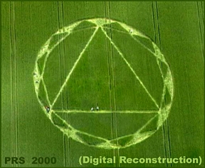 West Kennett Long Barrow, Wiltshire, England. Formation first discovered at 6:30 AM on June 2, 2000 by farmer. No one photographed an aerial of it before it transformed into the pattern below. Peter Sorensen used computer graphics software to reconstruct first phase of formation digitally, as shown here © 2000 by Peter R. Sorensen.