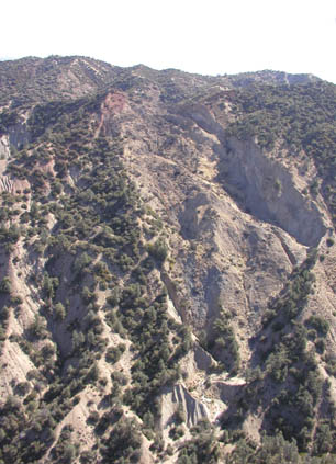 Seventeen acre land slide at east end of Dick Smith Wilderness in Los Padres National Forest. In the middle of the landslide are three acres that have the high temperatures. Image courtesy Allen P. King, USDAFS.