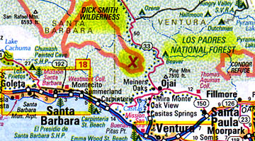 Red X on map is east end of Dick Smith Wilderness in Los Padres National Forest where a fire started on August 21, 2004, due to high temperatures in 3-acre region of 17-acre landslide. Santa Barbara is about 18 miles southwest. Temperatures have remained high for eleven months.