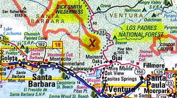 Red X on map is east end of Dick Smith Wilderness in Los Padres National Forest where a fire started on August 21, 2004, due to high temperatures in 3-acre region of 17-acre landslide. Santa Barbara is about 18 miles southwest. Temperatures have remained high for eleven months.