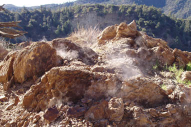 Steam fumaroles in the hot section of the landslide. Photograph courtesy Robert H. Mariner, USGS.