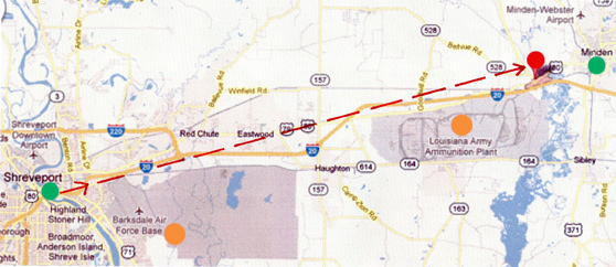 At approximately 11:28 PM Central on Monday, October 15, 2012, the Shreveport, Louisiana, National Weather Service captured “a mystery object flying” on radar allegedly moving from Bossier City suburb (green circle lower left) northeast across I-20 near Haughton to Dixie Inn (red circle upper right) near Minden as reported by residents - or Webster more north as reported by KTBS-TV. There was also a loud, house-shaking boom. After the weather radar of the mysterious moving aerial object had been broadcast several times on local KTBS-TV news, by the morning of Tuesday, October 16, the explanation offered to the public was “a large bunker explosion near the border of the Camp Minden Army Ammunition Plant” 30 miles northeast of Shreveport.