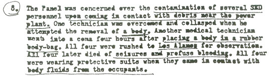 In Annex, Paragraphs 8-9 of the Majestic Twelve Project's 1st Annual Report (below), there are more details about the “seizures and profuse bleeding ... all four SED were wearing protective suits when they came in contact with body fluids from the (alien) occupants.” SED was an acronym beginning in October 1943 for the 9812th Special Engineer Detachment (SED) of the Manhattan Engineer District (MED) that were essentially “scientists in uniform.”
