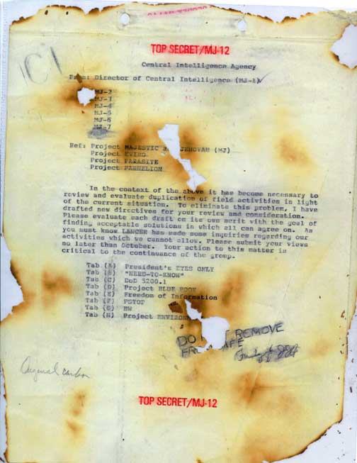  In the burned first page above, under references to Project MAJESTIC and JEHOVAH (MJ), EVIRO, PARASITE AND PARHELION, the writer, who is Director of Central Intelligence (MJ-1), states: “As you must know LANCER has made some inquiries regarding our activities which we cannot allow.” LANCER was the Secret Service classified code name for President John F. Kennedy, as LYRIC was the classified code name for JFK's wife, Jacqueline Kennedy.