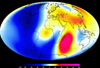Swarm satellite (ESA) measurements made from January to June 2014  show a dramatic decline in Earth's magnetic field over North and South  America with a strengthening of the Earth's magnetic field over the southern  Indian Ocean. 2014 image by ESA's Swarm Satellite.