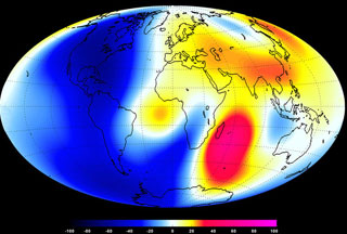 Swarm satellite (ESA) measurements made from January to June 2014 show a dramatic decline in Earth's magnetic field over North and South America with a strengthening of the Earth's magnetic field over the southern Indian Ocean. 2014 image by ESA's Swarm Satellite.