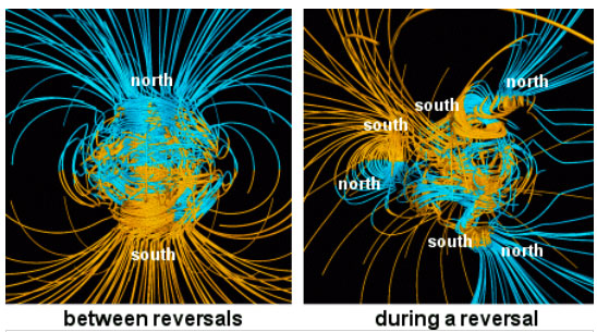  Above are supercomputer models of Earth's magnetic field. On the left is a normal dipolar  magnetic field. On the right is the sort of complicated magnetic field Earth would have leading up to a pole reversal. The Earth's dipole magnetic field, akin to a bar magnet, remains about the same intensity for thousands to millions of years. Then for unknown reasons, it can  weaken and reverse polarity. In the first half of 2014, data indicates that the Earth's magnetic field is decreasing 10 times faster than normal. Illustration by NASA.