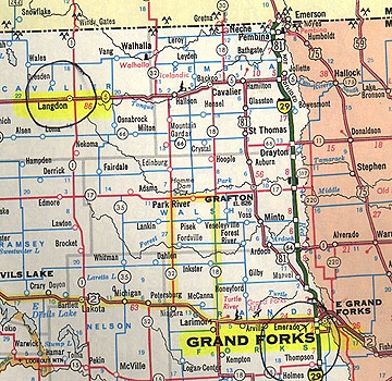 Map showing Langdon and Grand Forks, North Dakota near the Canada and Minnesota borders where four pictograms in wheat have been discovered since July 20th.