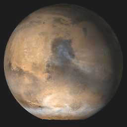  January 18, 2004, composite image by Mars Global Surveyor (MGS) and Mars Orbiter Camera (MOC) daily global images acquired at Ls 145°. Produced by NASA/JPL/Malin Space Science Systems. 
