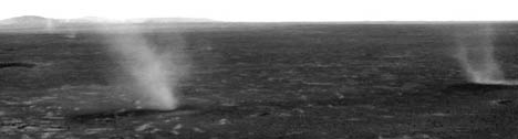 Above: Several dust devils caught by NASA's Mars Exploration Rover, Spirit, on July 13, 2005, during its exploration of the Gusev Crater. Below: Mars map, yellow arrow points in far right at the Ma'Adim Vallis dry river channel that empties into the Gusev Crater nera the Elysium Planitia region at the Martian equator. Image credit: NASA/JPL/Cornell.