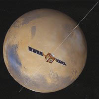 Mars Express Orbiter with MARSIS radar antennae unfurled in orbit around Mars. Illustration by ESA.
