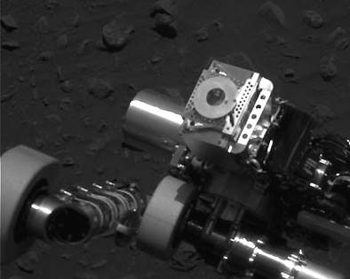   Mossbauer Spectrometer target ring on each of the Spirit and Opportunity rover's instrument arms. Image source: NASA/JPL/Cornell.
