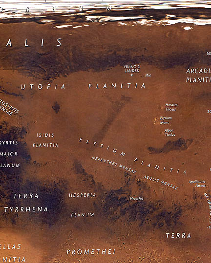 Elysium Planitia lies near the Martian equator. Map © 1998 by National Geographic Society.