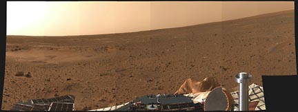 Panoramic view inside the Gusev crater that surrounds NASA's Spirit lander and its robotic rover. NASA has received 73 percent of a 360-degree crater view. Image courtesy NASA and JPL.