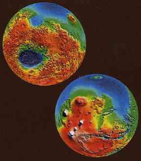 Global topographic map of Mars created from more than 6 million laser measurements by the Mars Orbiter Laser Altimeter (MOLA) instrument on the Mars Global Surveyor spacecraft. Red is highest altitude and blue is lowest. The Northern Hemisphere of Mars shown in the bottom globe is several meters lower than the Southern Hemisphere and is where water would have collected if it ever existed, shown in blue. The big groove is the Valles Marineris, largest canyon in solar system and the white objects are the huge volcanoes in the Tharsis Montes, Olympus Mons being the largest volcano in the solar system. Large blue oval on upper globe is the Hellas Basin, the largest crater impact known in the solar system. Images courtesy NASA.